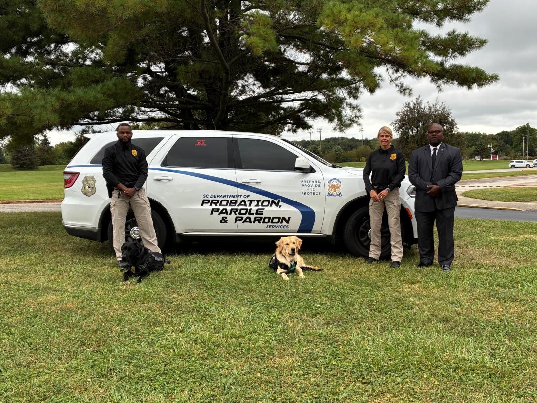 Three agents standing beside a SUV with a black labrador and a yellow labrador laying in the grass.